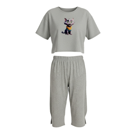 ست کراپ تی شرت و شلوارک زنانه طرح کیوت کت