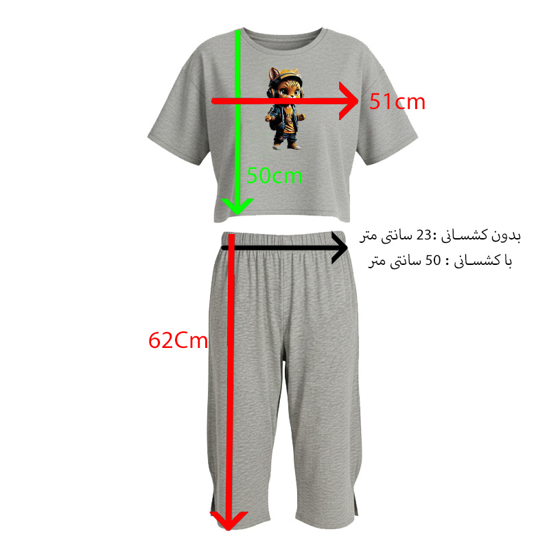 ست کراپ تی شرت و شلوارک زنانه طرح کیتی استایل طوسی روشن - Image 5