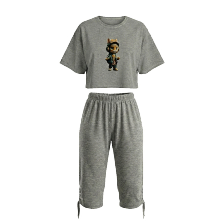 ست کراپ تی شرت و شلوارک زنانه طرح کیتی استایل طوسی تیره